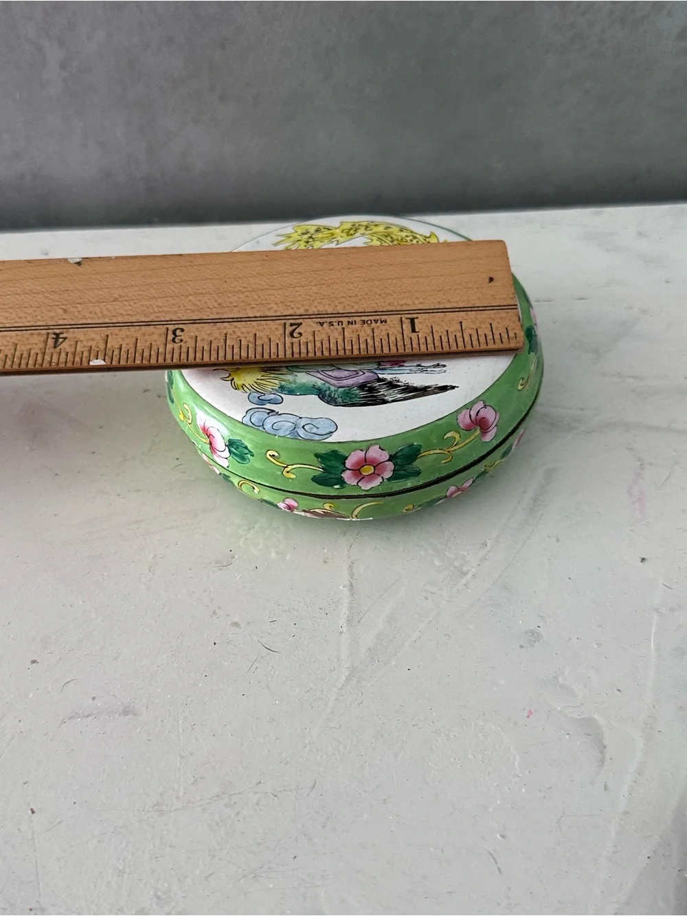 Chinese Antique Green White Multicolor Floral Birds Pattern Cloisonné Round Box